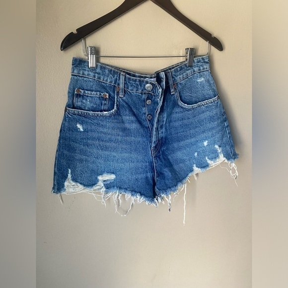 Zara High Rise Distressed Dark Wash Cutoff Shorts - Picture 3 of 5